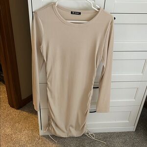 Bershka Beige Long-Sleeve Ruched Bodycon Dress